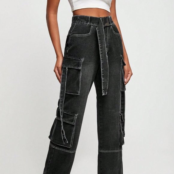 . Denim - Black Casual Womens Flap Pocket Belted Cargo Jeans